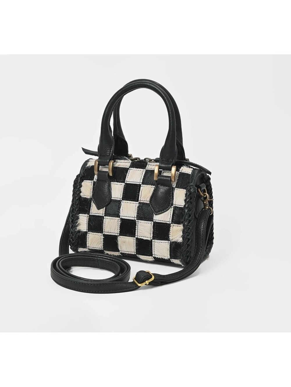 Checkered Hair On Hide Leather Speedy Bag SMALL- Western Boho Hippie Boutique
